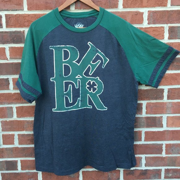 St Paddys Holiday Tee Shirt Adult XL Green Black Raglan Beer Graphic - Picture 1 of 4